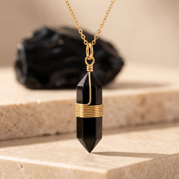 Pendentif pointe obsidienne noire et or, bijou en pierre naturelle pour femme