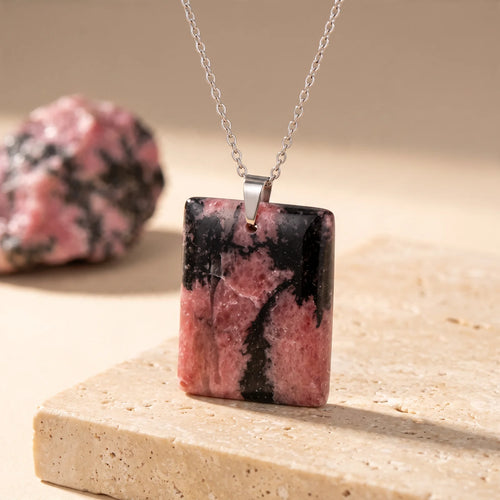 Pendentif Pierre Plate Rectangle en Rhodonite Rose et Noire, Chaîne ou Cordon