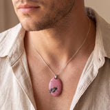 Pendentif Rhodonite Naturelle, Ovale Plat Rose Veiné de Noir, Chaîne ou Cordon