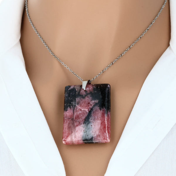 pendentif rhodonite pierre plate rose noire lithotherapie