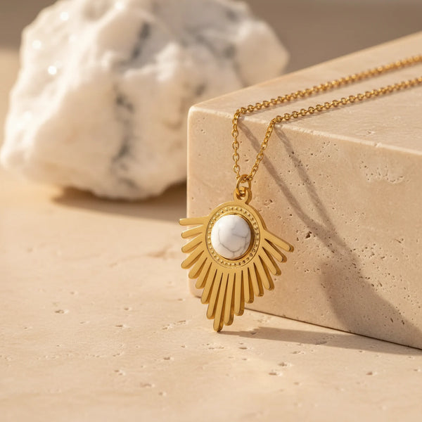 Collier howlite blanche en acier inoxydable doré, pendentif soleil bohème