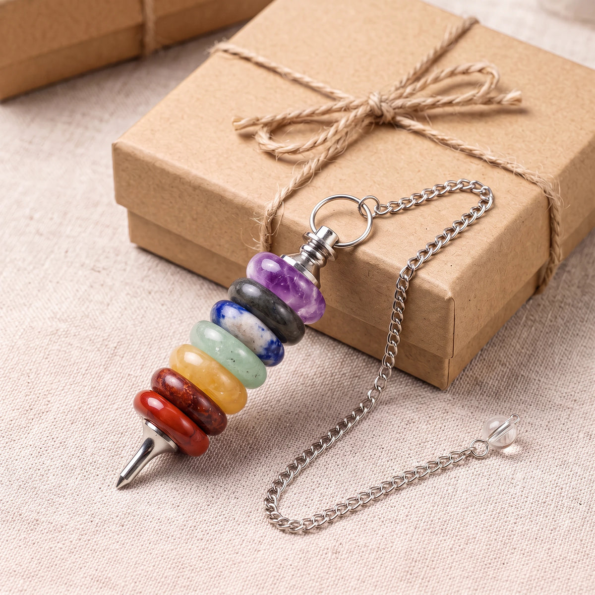 Pendule 7 chakras en pierre naturelle, idée cadeau présentée avec sa boîte
