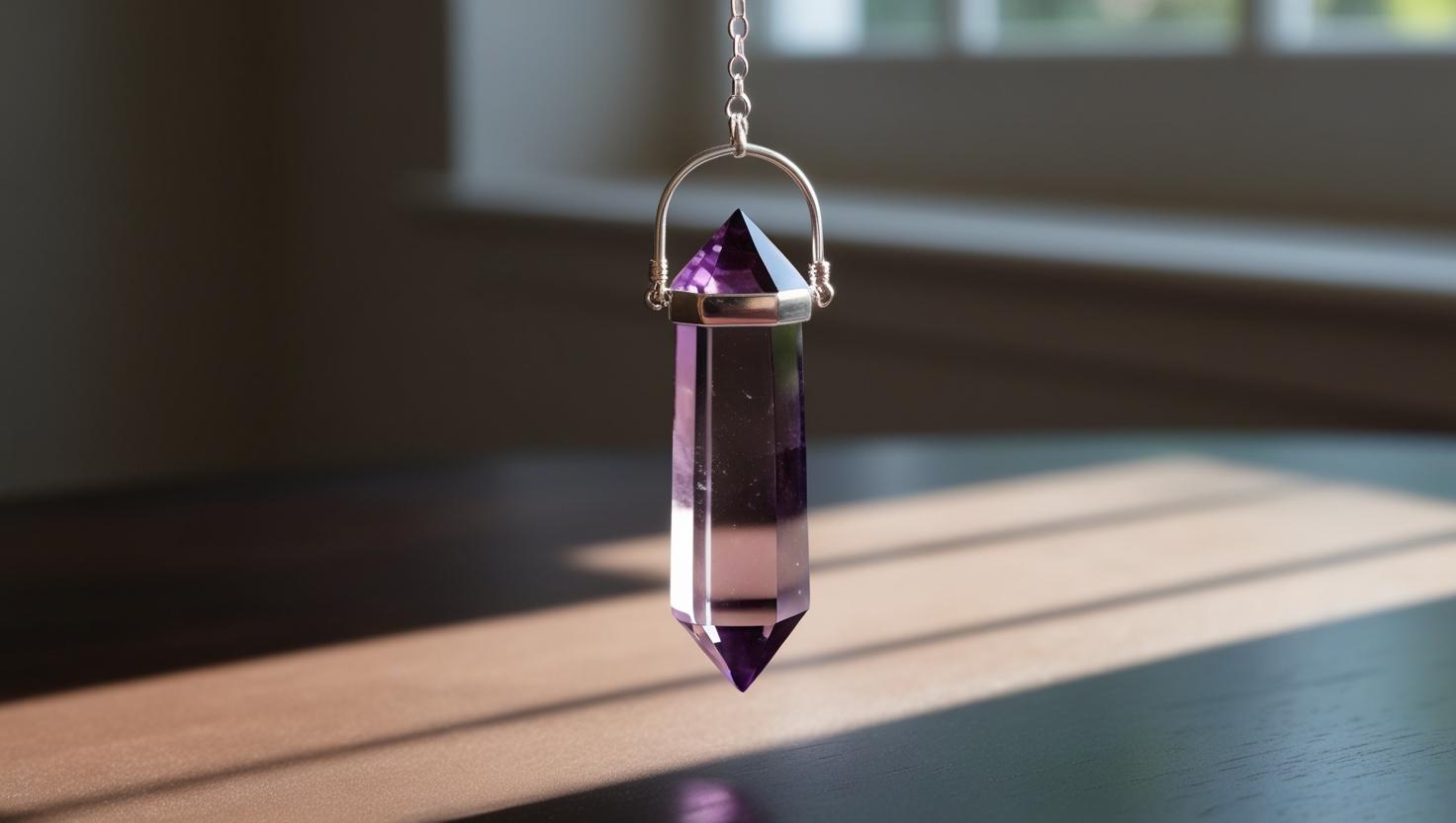 Gros plan d'un pendule divinatoire en améthyste suspendu, lumière douce.