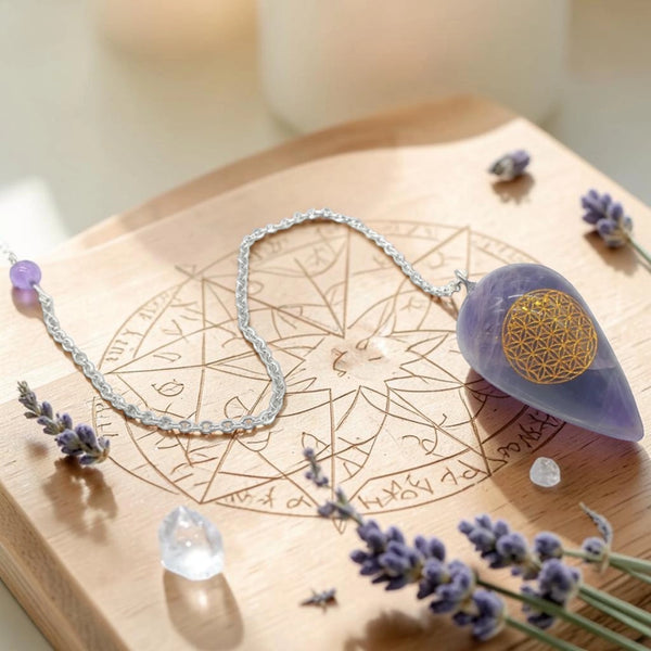 Pendule en améthyste gravé Fleur de Vie