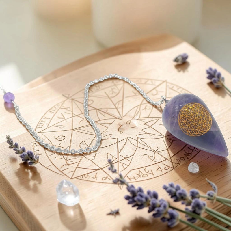 Pendule en améthyste gravé Fleur de Vie
