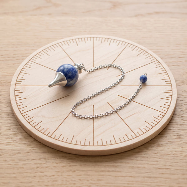 Pendule bleu séphoroton en sodalite posé sur une planche de radiesthésie en bois