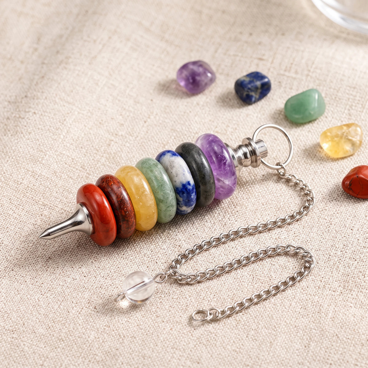 Pendule chakra aux sept disques de pierres naturelles taillés main avec sa chaînette argentée et sa perle