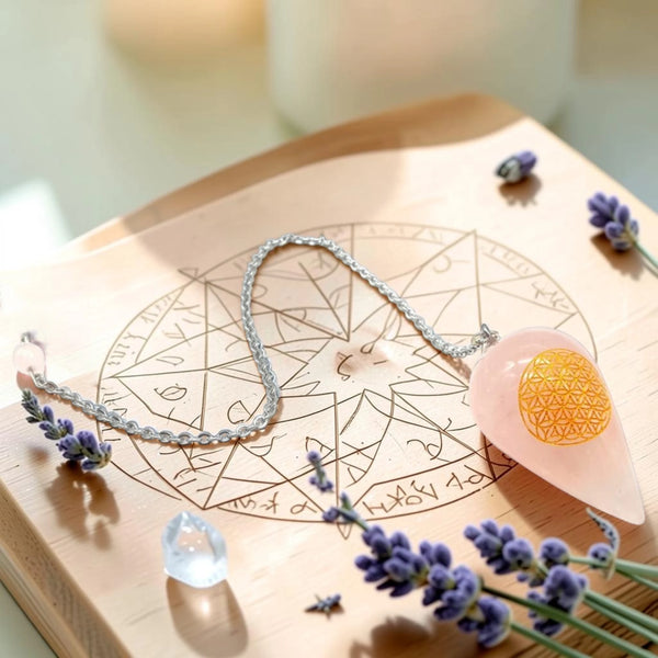 Pendule Fleur de Vie en quartz rose, pierre naturelle
