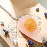 Pendule Quartz Rose Gravé Fleur de Vie - pierre naturelle