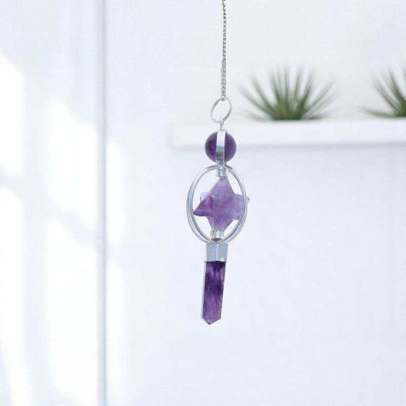 Pendule spirituel (Merkaba et Pointe) en Améthyste naturelle avec chaîne argentée