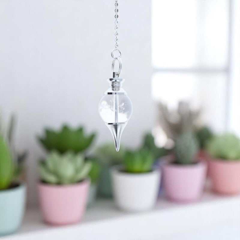 Pendule radiesthésie précis Séphoroton (Cristal de Roche) avec chaîne argentée