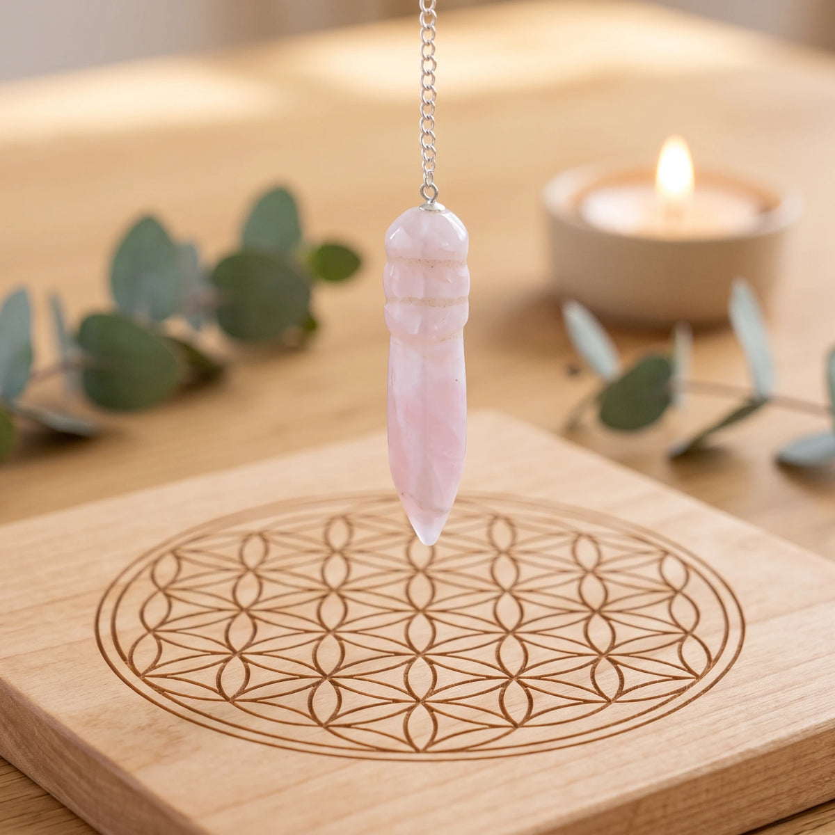 Pendule rose égyptien en quartz rose pour la radiesthésie sur planche Fleur de Vie