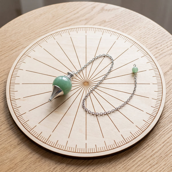 Pendule vert séphoroton en aventurine verte posé sur une planche de radiesthésie en bois