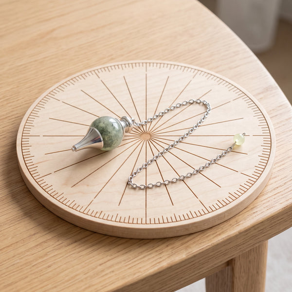 Pendule vert séphoroton en prehnite posé sur une planche de radiesthésie en bois