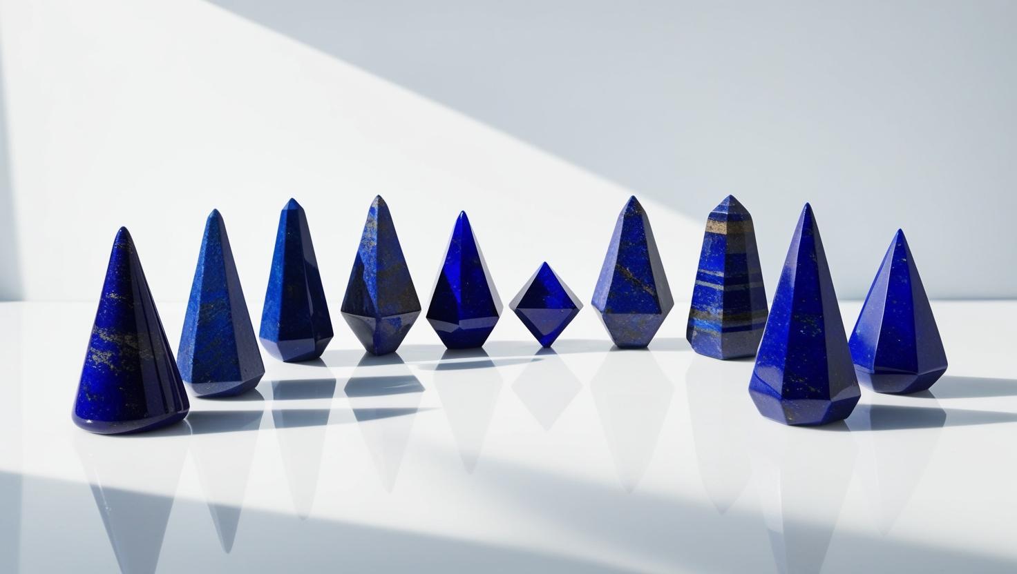 Alignement de pendules de formes variées : cône, égyptien, Merkaba, sphère.