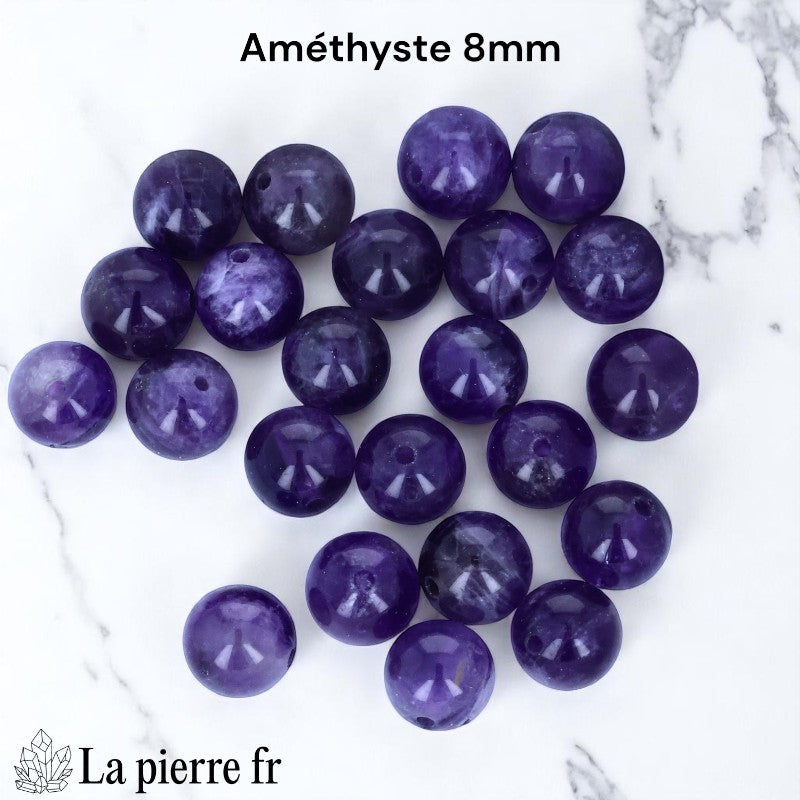Lot de 20 perles Améthyste naturelle 8mm Brésil, rondes, pour création de bijoux, couleur violet lumineux.