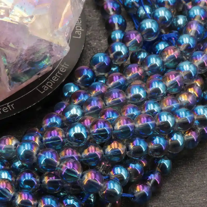Perles Aqua Aura "Bleu-Violet" en pierre naturelle ronde 6/8 mm de Qualité AAA, pour la création de bijoux et lithothérapie