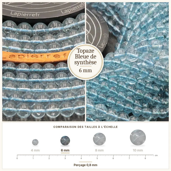 Perles bleu clair en topaze bleue de synthèse 6 mm, quartz coloré