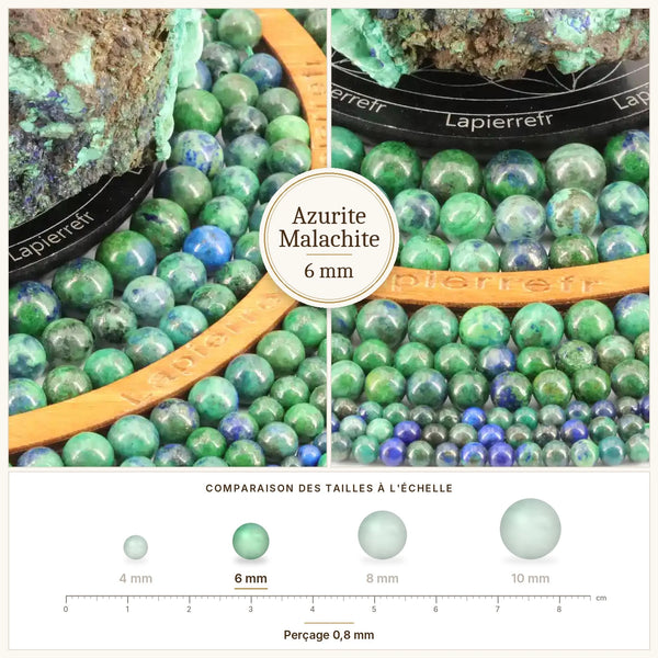 Perles bleues et vertes d'azurite malachite stabilisée 6 mm