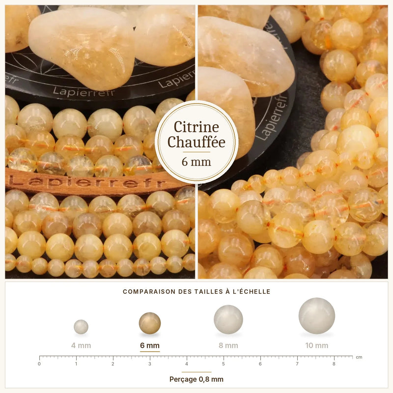 Fil de perles citrine chauffée rondes et polies en pierre naturelle