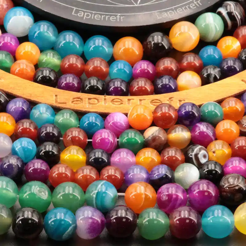 Fil de perles d'Agate Multicolore, pierre ronde pour création de bijoux