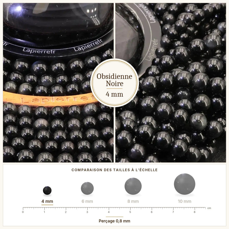 Fil de perles obsidienne noire rondes et polies en pierre naturelle