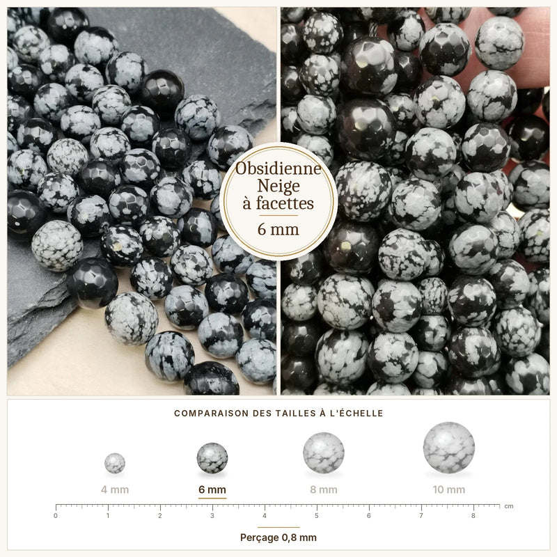 Fil de perles obsidienne neige rondes à facettes en pierre naturelle