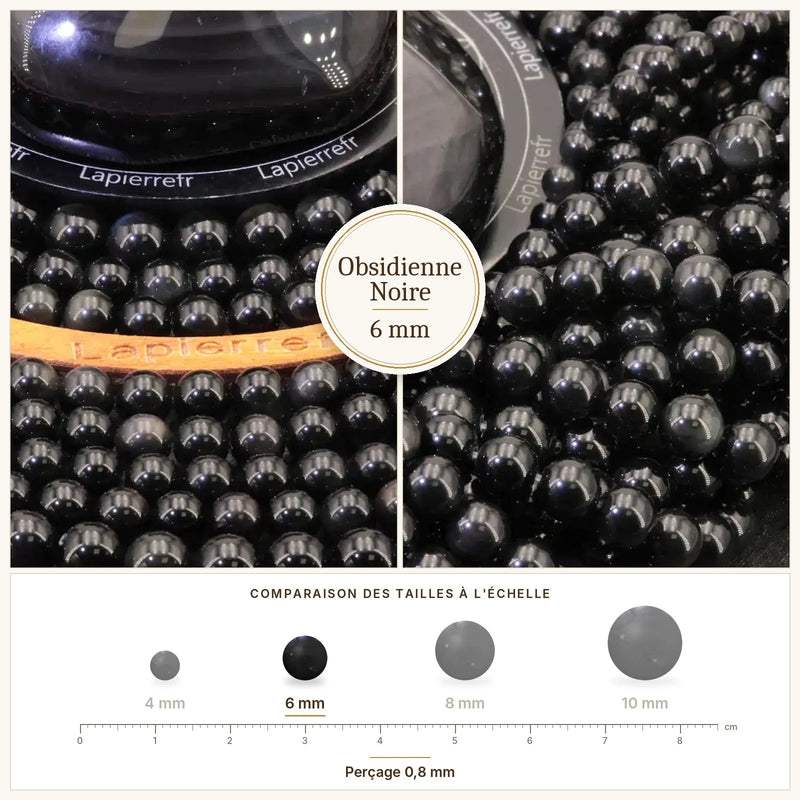 Fil de perles obsidienne noire rondes et polies en pierre naturelle