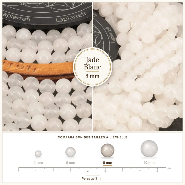 Perles blanc crème en jade blanc naturel de 8 mm