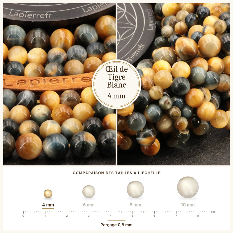 Fil de perles œil de tigre blanc rondes et polies en pierre naturelle