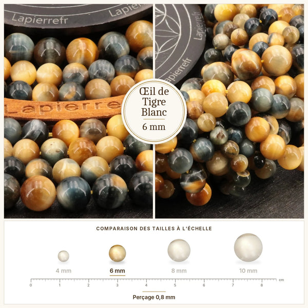 Perles miel et bleu-gris en œil de tigre blanc de 6 mm, pierre naturelle