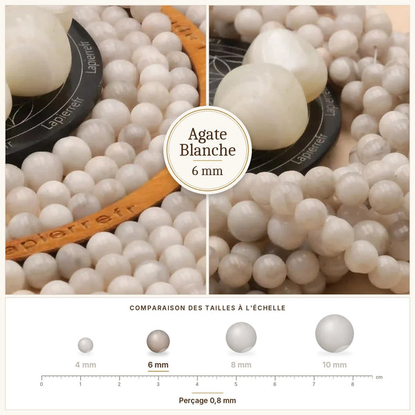 Perle en pierre blanche laiteuse, agate blanche de 6 mm
