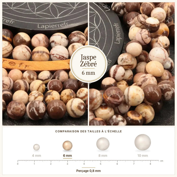Perle en pierre blanche et noire, jaspe zébré rond de 6 mm