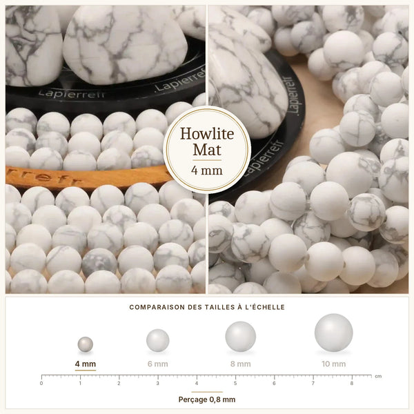Perles blanches veinées de gris en howlite mat 4 mm