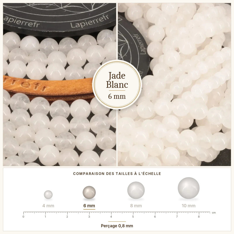 Fil de perles jade blanc rondes et polies en pierre naturelle
