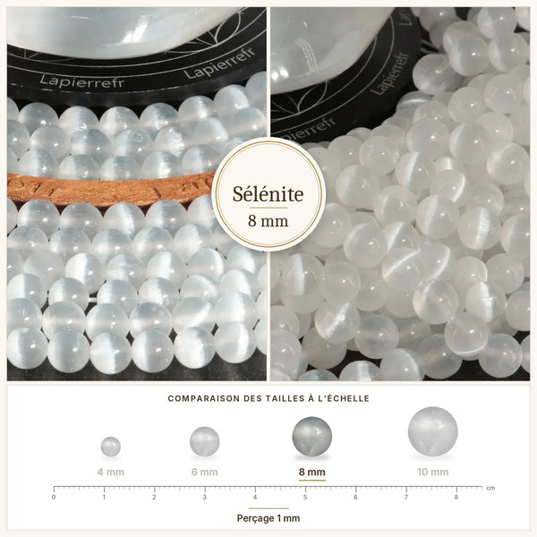 Sélénite blanche nacrée en perles rondes de 8 mm