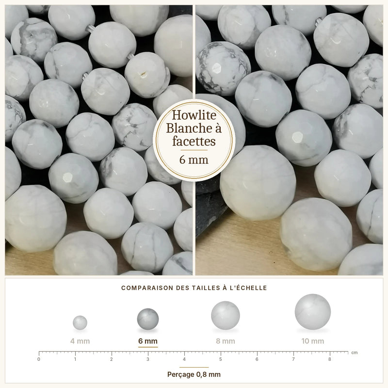 Fil de perles howlite blanche rondes à facettes en pierre naturelle