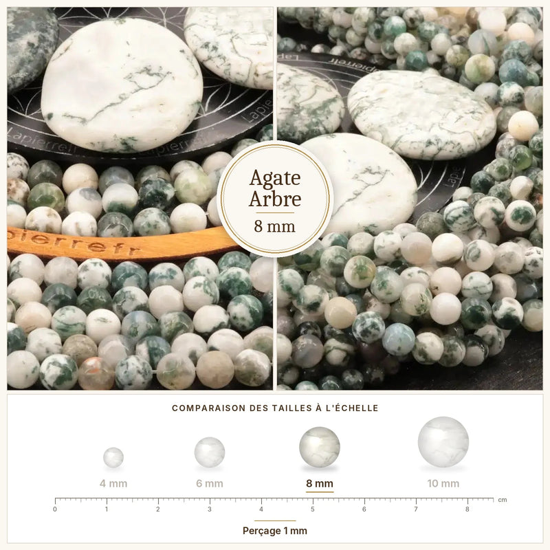 Fil de perles agate arbre rondes et polies en pierre naturelle