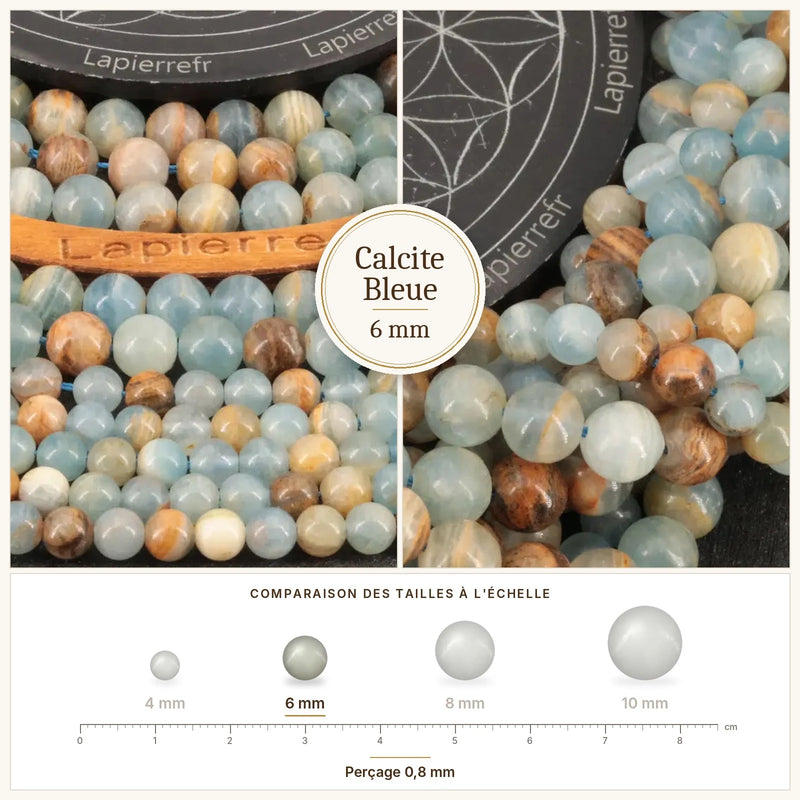 Fil de perles calcite bleue rondes et polies en pierre naturelle