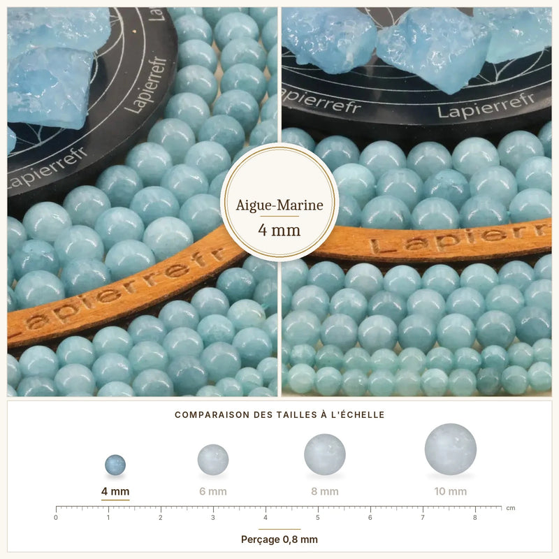 Fil de perles aigue-marine stabilisée rondes et polies en pierre naturelle