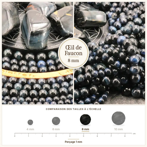 Perle bleu-gris chatoyante en œil de faucon 8 mm, pierre naturelle
