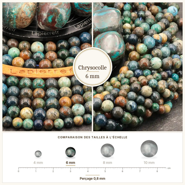Perles bleu-vert de chrysocolle naturelle 6 mm veinées de brun
