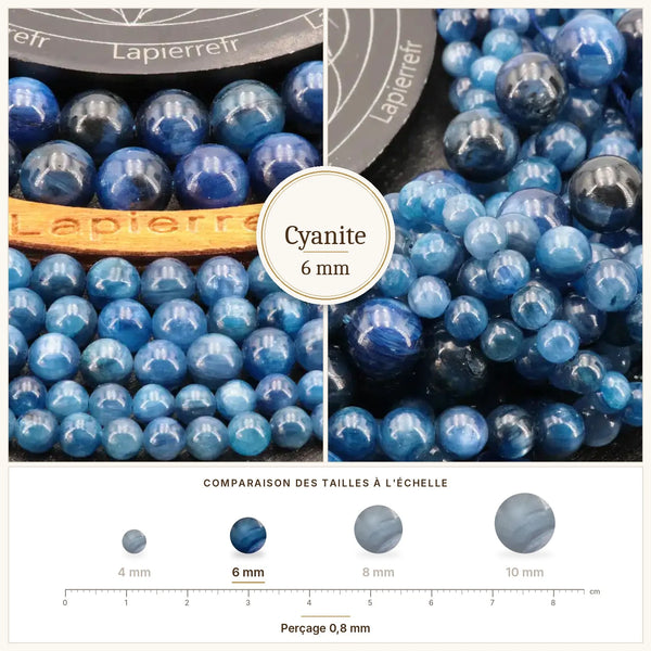 Perles bleues striées en cyanite, aussi appelée kyanite, 6 mm