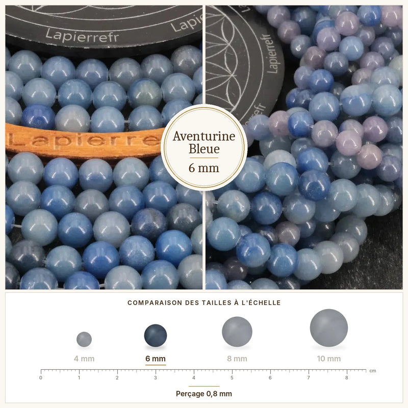 Fil de perles aventurine bleue rondes et polies en pierre naturelle