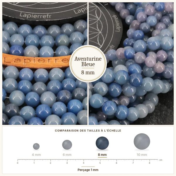 Fil de perles aventurine bleue 8 mm, perles bleues scintillantes