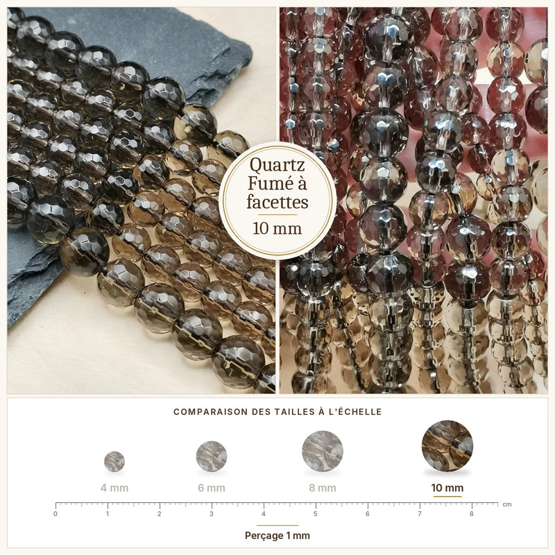 Fil de perles quartz fumé rondes à facettes en pierre naturelle
