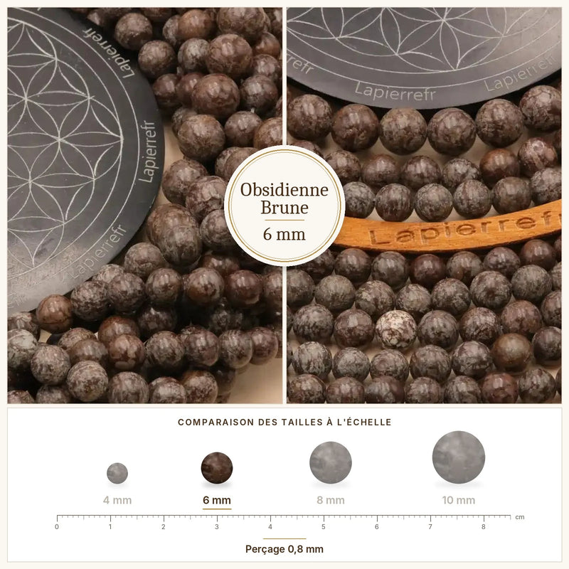 Fil de perles obsidienne brune rondes et polies en pierre naturelle