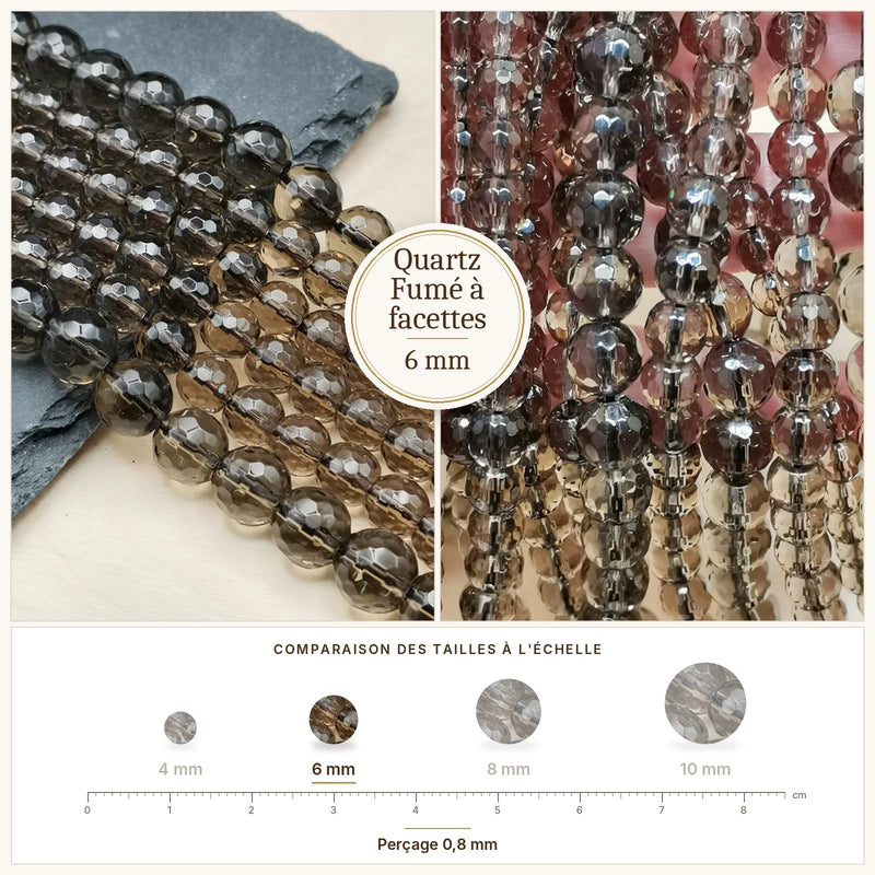 Fil de perles quartz fumé rondes à facettes en pierre naturelle