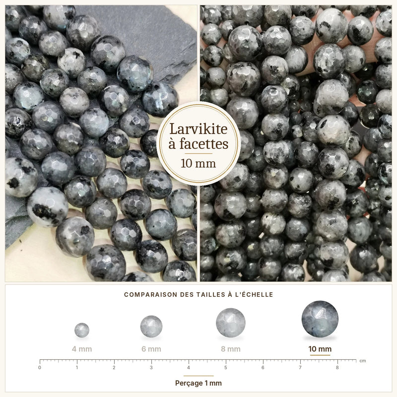Fil de perles larvikite rondes à facettes en pierre naturelle