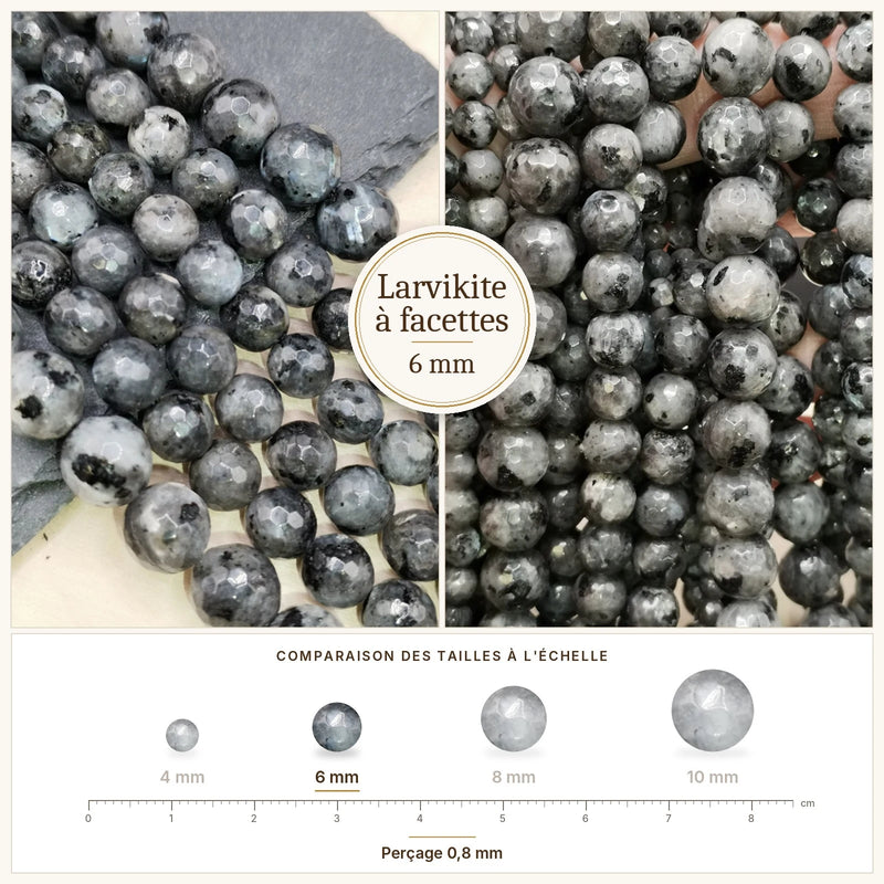 Fil de perles larvikite rondes à facettes en pierre naturelle